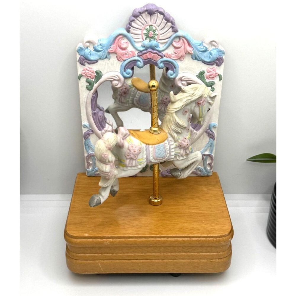 Vintage Westland Carousel Music Box With Rotating Horse Design & Wooden Base